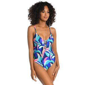 New La Blanca Mio Reversible‎ Plunging One-Piece Swimsuit Size 4